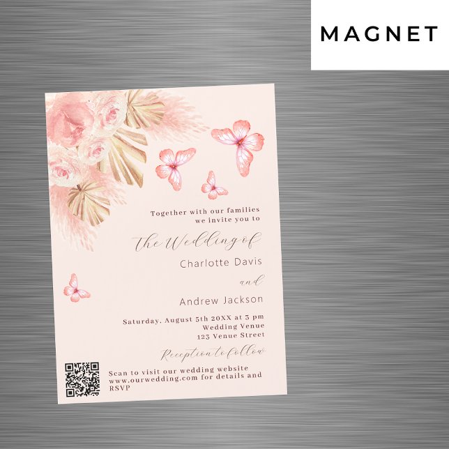Butterfly pampas grass rose QR RSVP luxury wedding Magnetic Invitation (Creator Uploaded)