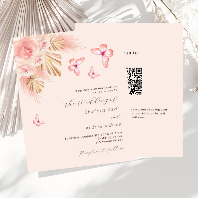 Butterfly pampas QR RSVP budget wedding invitation (Creator Uploaded)