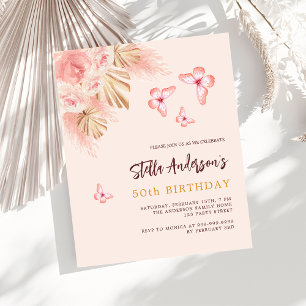 Butterfly pampas rose budget birthday invitation