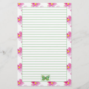 Butterfly Pastel Pink Watercolor Flowers Lined Stationery