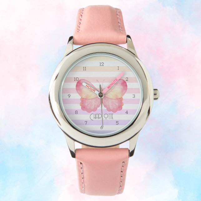 Butterfly Pastel Stripes Charm Pattern Watch (Personalized Girly Kids Watch with Butterfly)