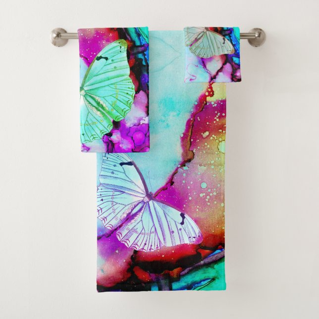 Butterfly Pastels Abstract Modern Neon Ink Bath Towel Set (Insitu)