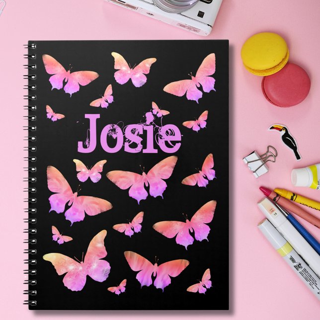 Butterfly Pattern add Name Pink and Black Notebook (Modern Butterfly pattern black and pink custom name notebook with funky pop art butterflies artwork)