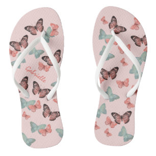 Butterfly Pattern Coral Pink & Teal - Personalised Thongs