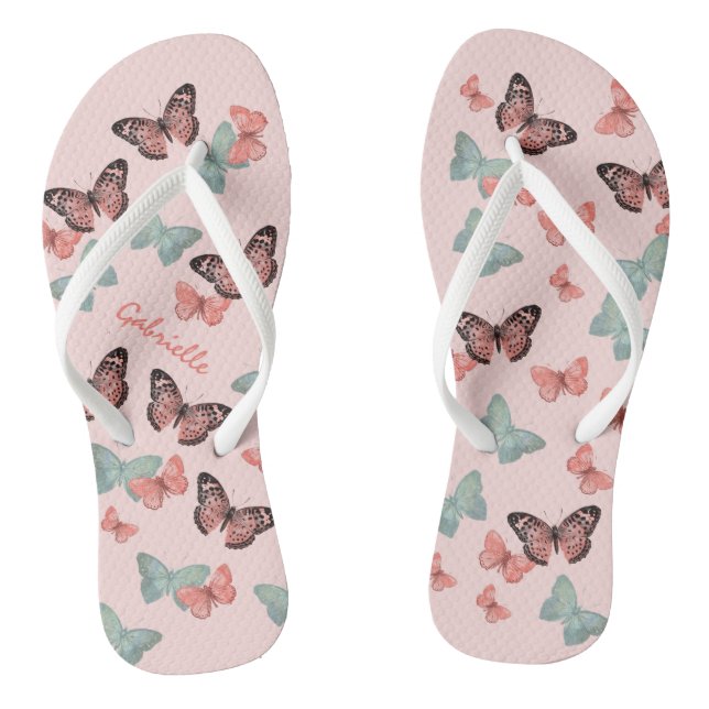 Butterfly Pattern Coral Pink & Teal - Personalised Thongs (Footbed)