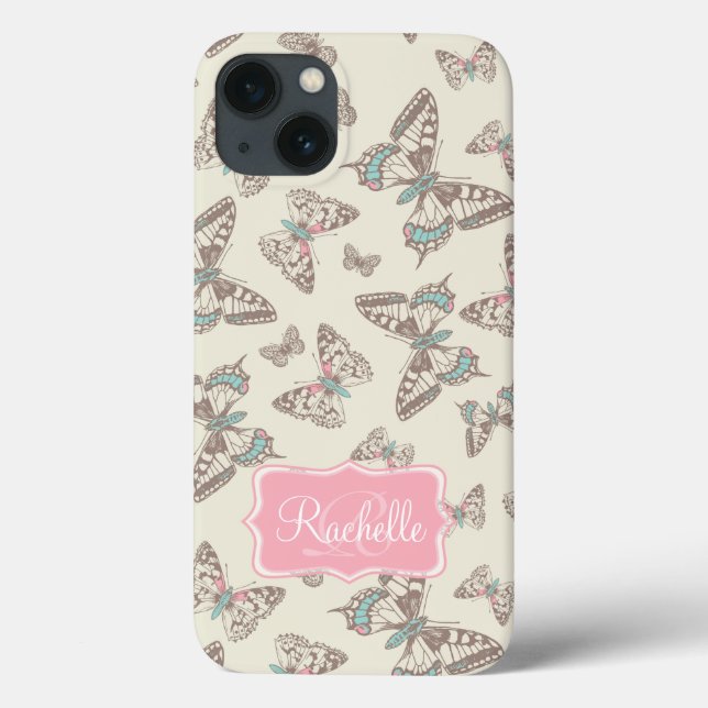 Butterfly pattern cream brown pink name ipad case (Back)