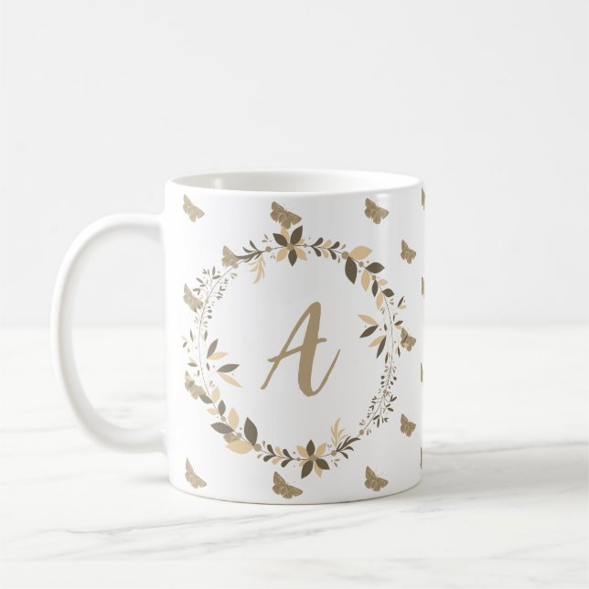 Butterfly Pattern Girly Chic Elegant Monogrammed Coffee Mug (Left)