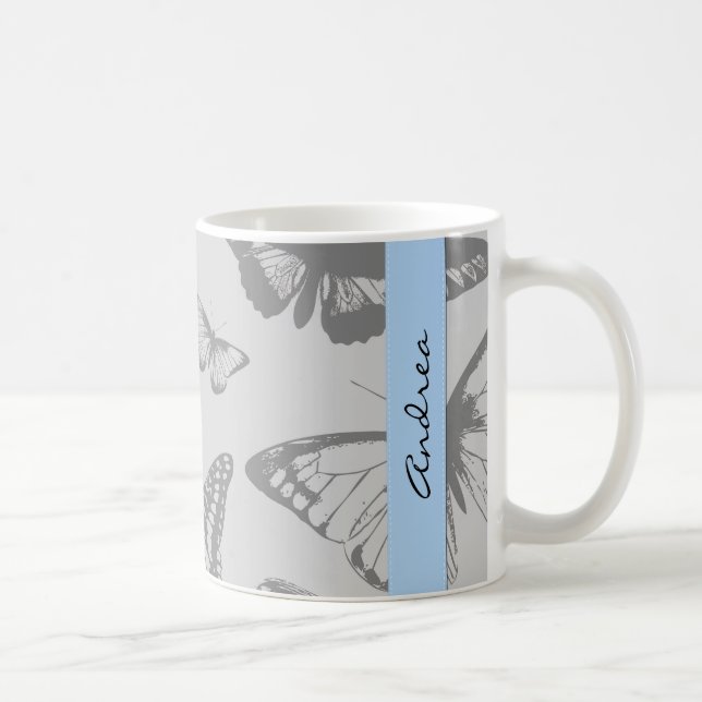 Butterfly Pattern, Grey Butterflies, Your Name Coffee Mug (Right)