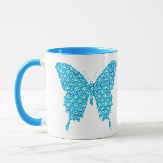 Butterfly, pattern in blue, turquoise, white mug (Left)