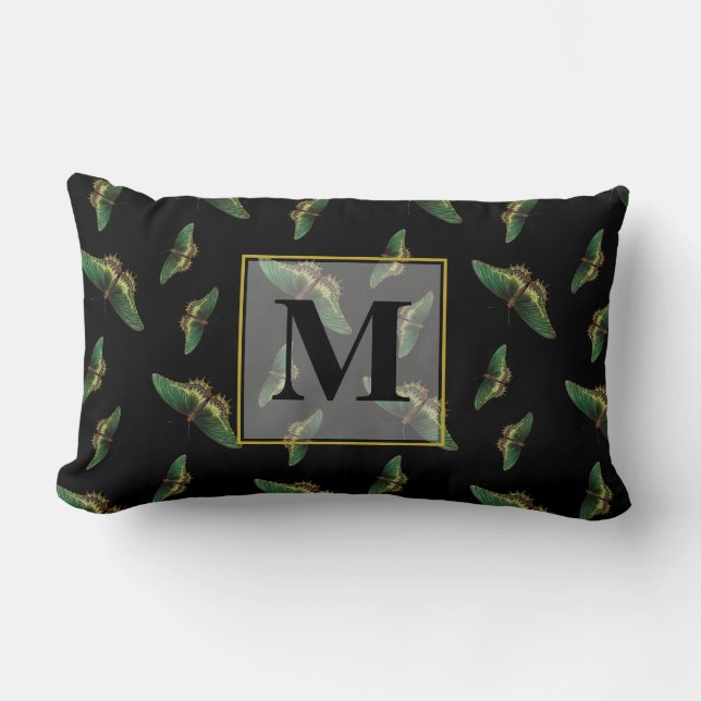 Butterfly Pattern Monogram Black and Green  Lumbar Cushion (Front)