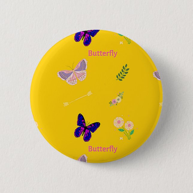 Butterfly pattern on yellow 6 cm round badge (Front)