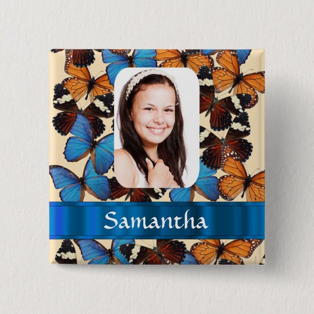 Butterfly pattern photo template 15 cm square badge (Front)