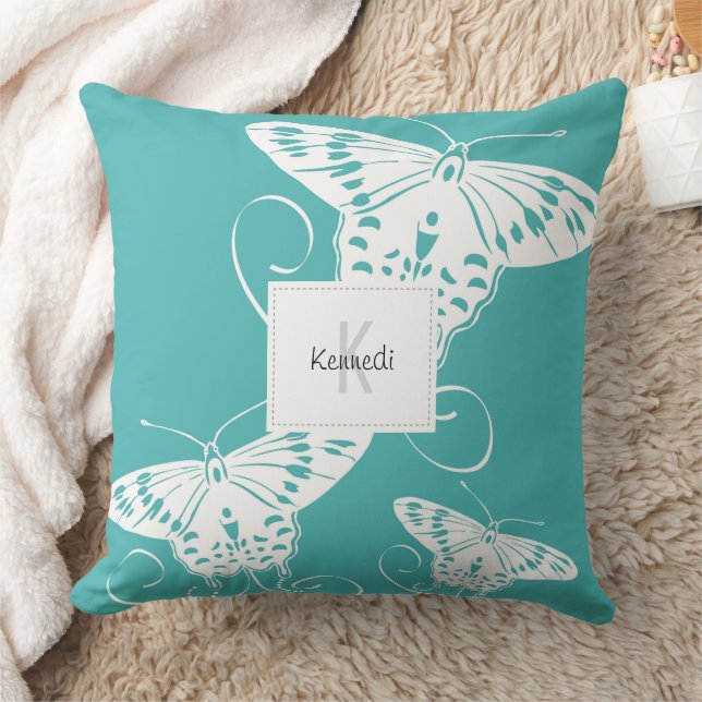 Butterfly Pattern Teal And White Cushion (Blanket)