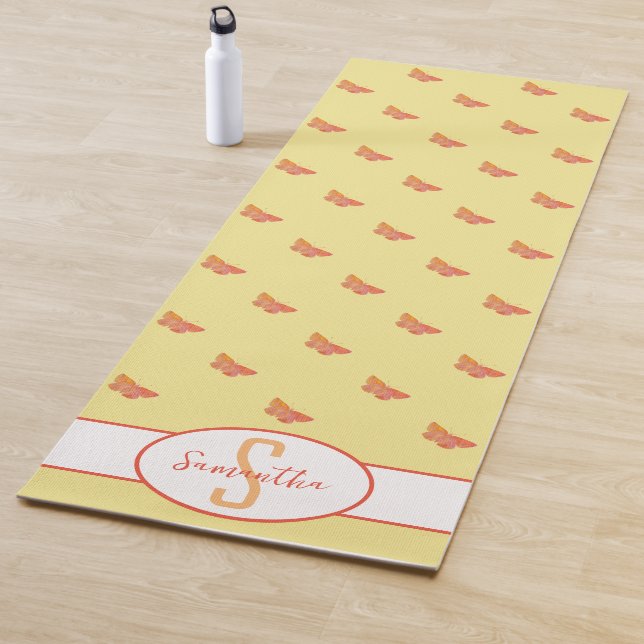 Butterfly Pattern Yellow Girly Modern Monogram Yoga Mat (In Situ)