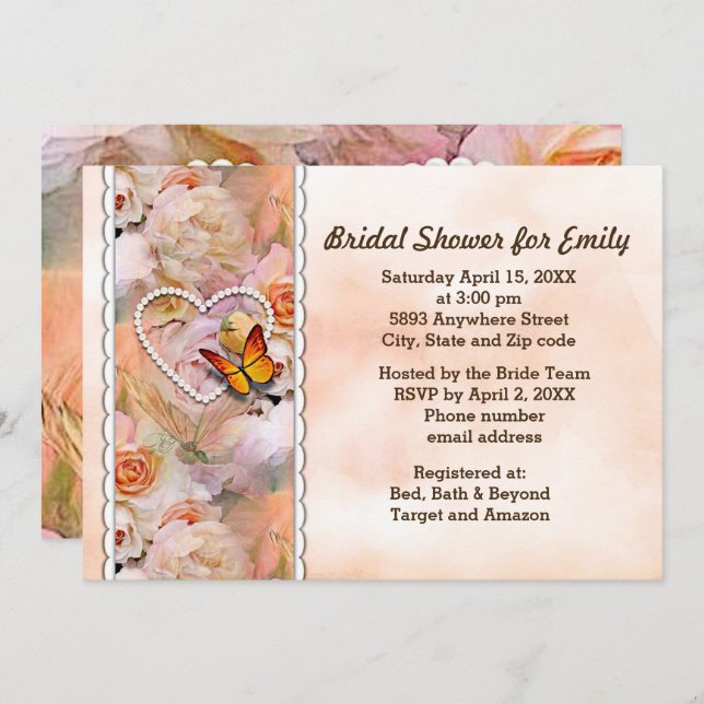 Butterfly Pearl Heart Floral Serene Bridal Shower Invitation (Front/Back)