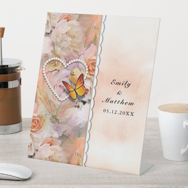 Butterfly Pearl Heart Floral Serenity Rose Wedding Pedestal Sign (In SItu)