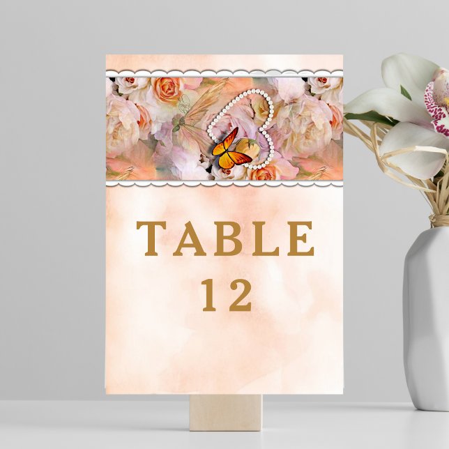 Butterfly Pearl Heart Floral Serenity Rose Wedding Table Number (Butterfly Pearl Heart Floral Serenity Rose Wedding Table Number)
