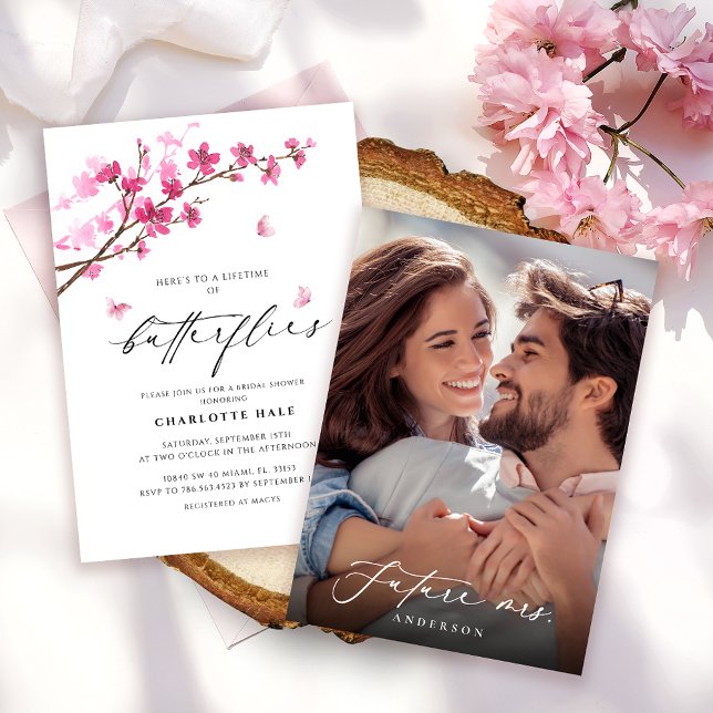 Butterfly Photo Cherry Blossoms Pink Bridal Shower Invitation (Creator Uploaded)