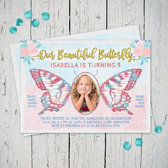 Butterfly Photo Girls Cute Kid Pink Birthday Party Invitation (Creator Uploaded)