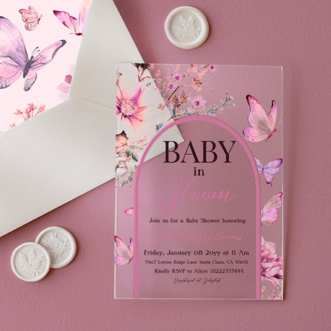 Butterfly Pink Baby in Bloom Girl Baby Shower Acrylic Invitations (Creator Uploaded)