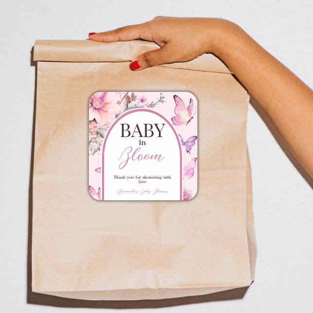 Butterfly Pink Baby in Bloom Girl Baby Shower Square Sticker (Creator Uploaded)