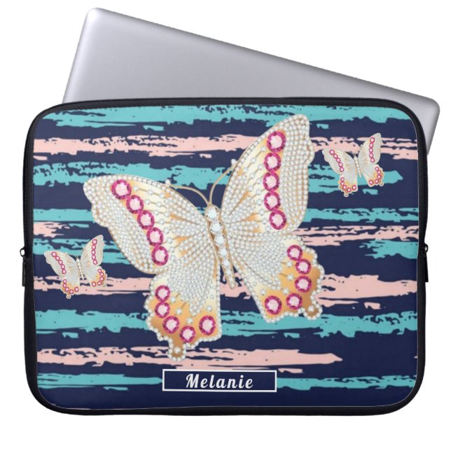 Butterfly Pink blue groovy stripes monogrammed Laptop Sleeve (Front)