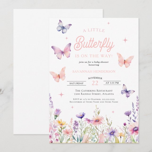 Butterfly Pink Blue Wildflowers Floral Baby Shower Invitation (Front/Back)