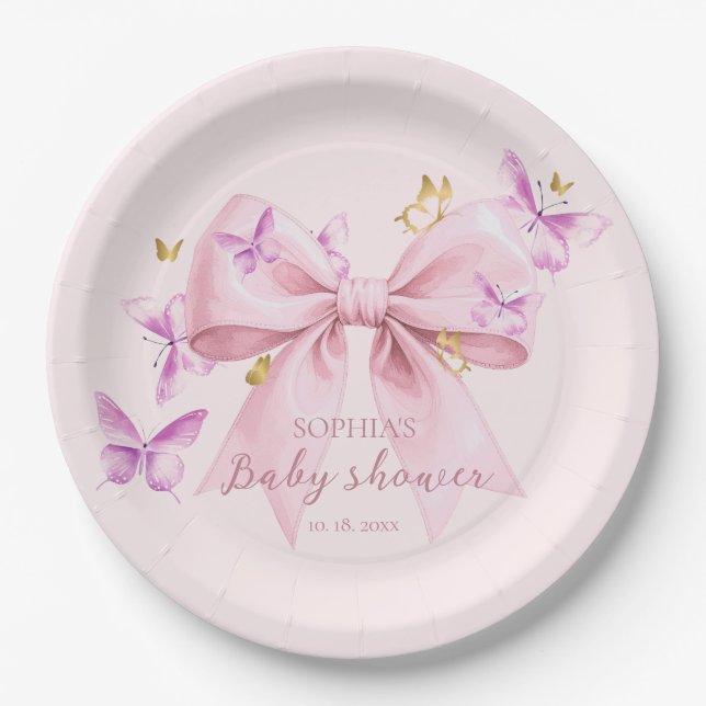 Butterfly Pink Bow Baby Shower  Paper Plate (Front)