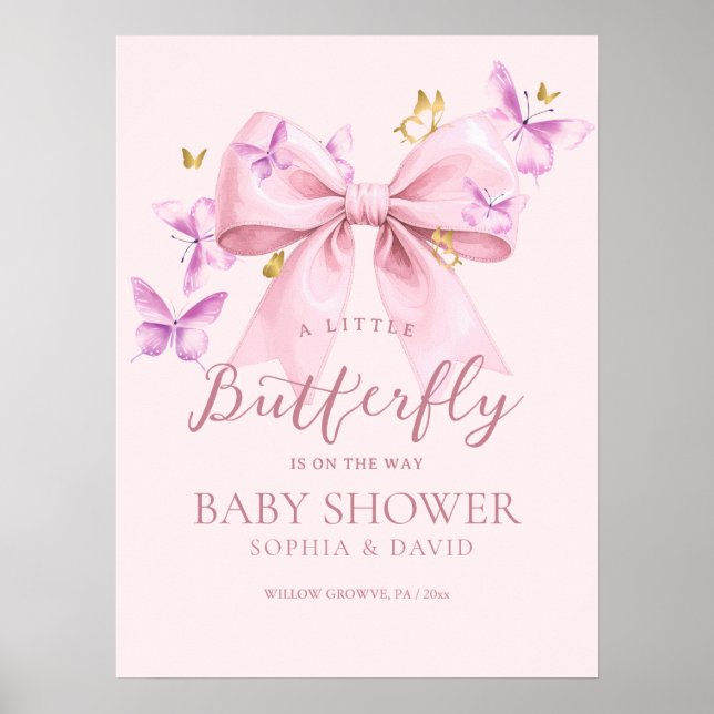 Butterfly Pink Bow Baby Shower Welcome Sign (Front)