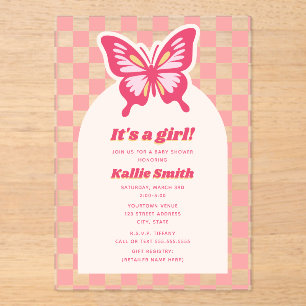 Butterfly Pink Chequerboard Girl Baby Shower Acrylic Invitations