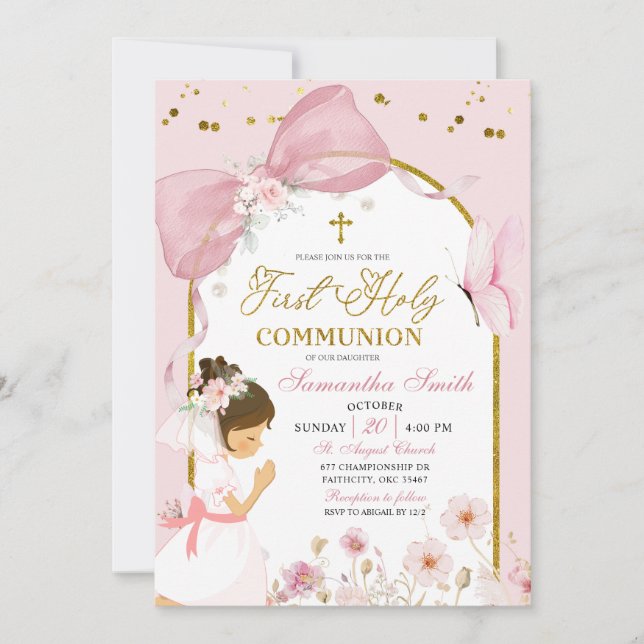 Butterfly Pink Coquette Girl First Holy Communion Invitation (Front)