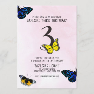 Butterfly Pink Cute Watercolor 3RD Birthday Party Invitation