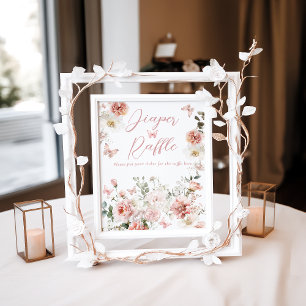 Butterfly Pink Floral Baby Shower Diaper Raffle Poster