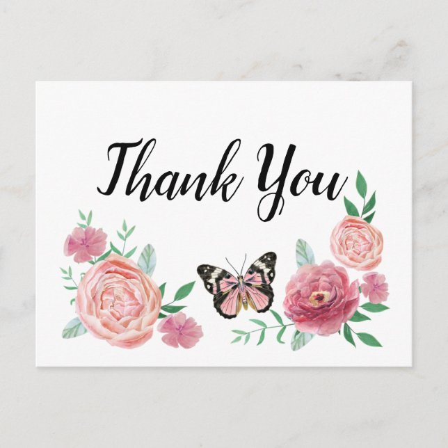 Butterfly Pink Floral Thank You Postcard (Front)