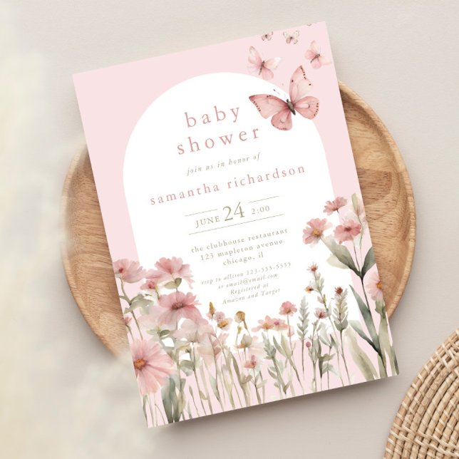 Butterfly pink floral wildflowers girl baby shower invitation (Creator Uploaded)
