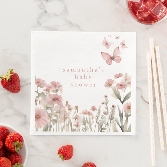 Butterfly pink floral wildflowers girl baby shower napkin (Insitu)