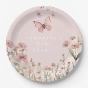 Butterfly pink floral wildflowers girl baby shower paper plate