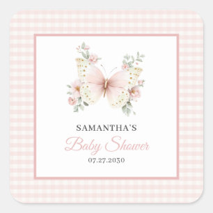Butterfly Pink Gingham Floral Girl Baby Shower Square Sticker