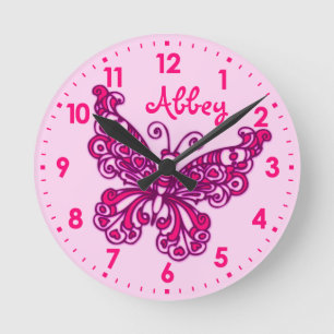 Butterfly pink girls room name wall clock