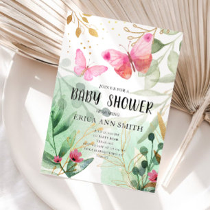 Butterfly Pink Gold Greenery Tea Party Baby Shower Invitation