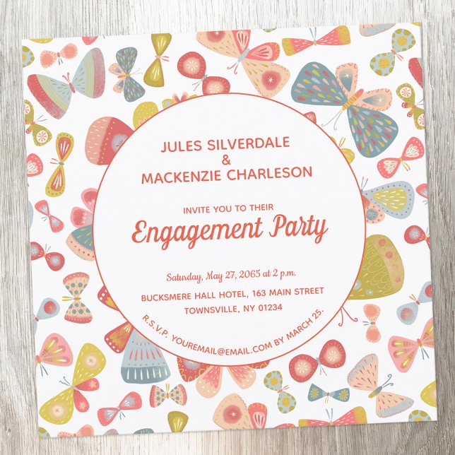 Butterfly Pink Green Engagement Party Invitation (Butterfly engagement party invitation)