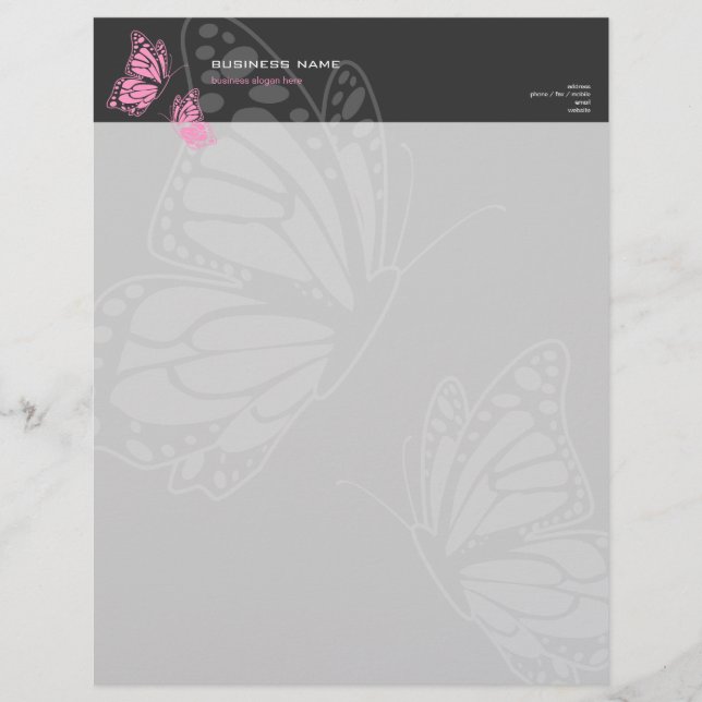 Butterfly Pink & Grey Elegant Modern Simple Customized Letterhead (Front)