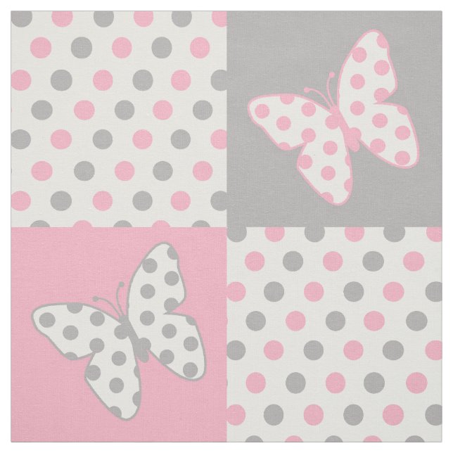 Butterfly Pink Grey Polka Dots Fabric (Swatch)