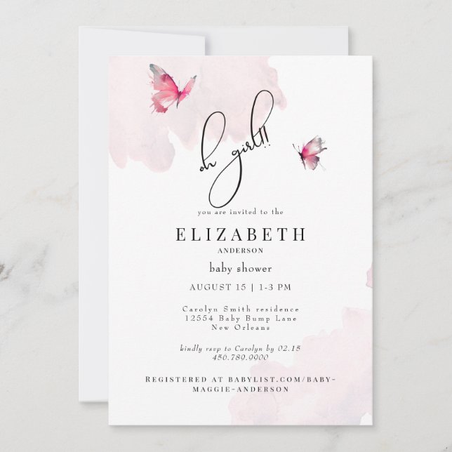 Butterfly Pink Oh Girl Baby Shower Invitation (Front)