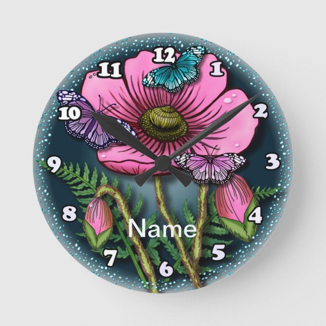 Butterfly Pink Poppy  Round Clock (Front)