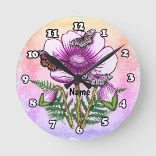 Butterfly Pink Poppy  Round Clock