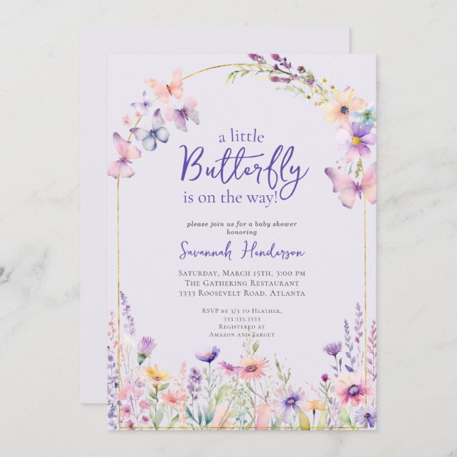 Butterfly Pink Purple Floral Baby Shower Invitation (Front/Back)