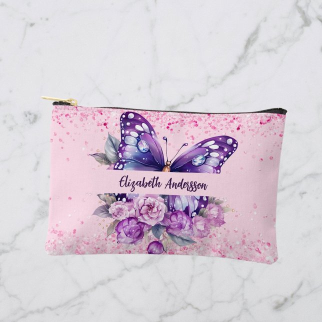 Butterfly pink purple flowers accessory pouch (Creator Uploaded)