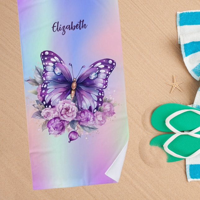 Butterfly pink purple flowers holographic beach towel (Creator Uploaded)