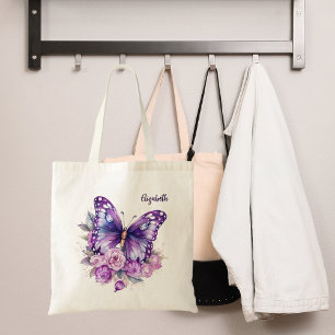 Butterfly pink purple flowers tote bag